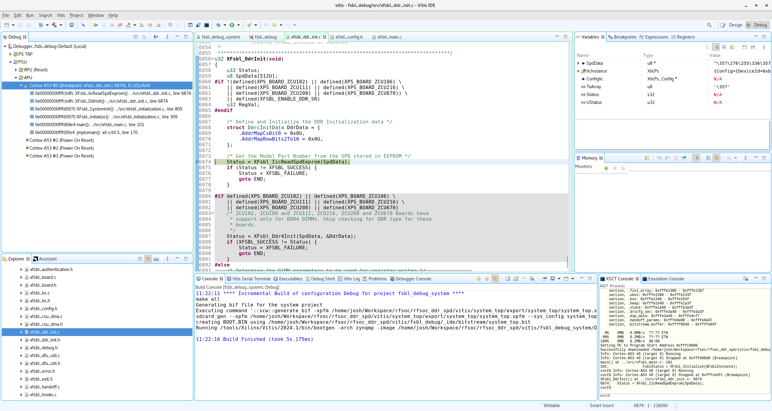 图 8. `XFsbl_IicReadSpdEeprom()` 函数断点